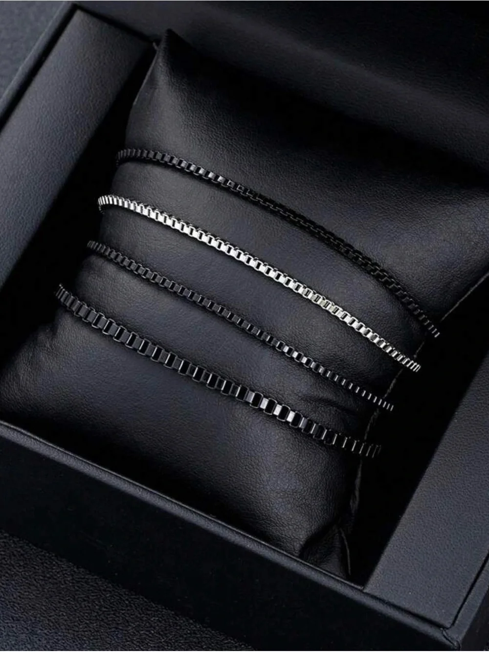 Men's Black and Silver Stainless Steel Box Chain Bracelet Set